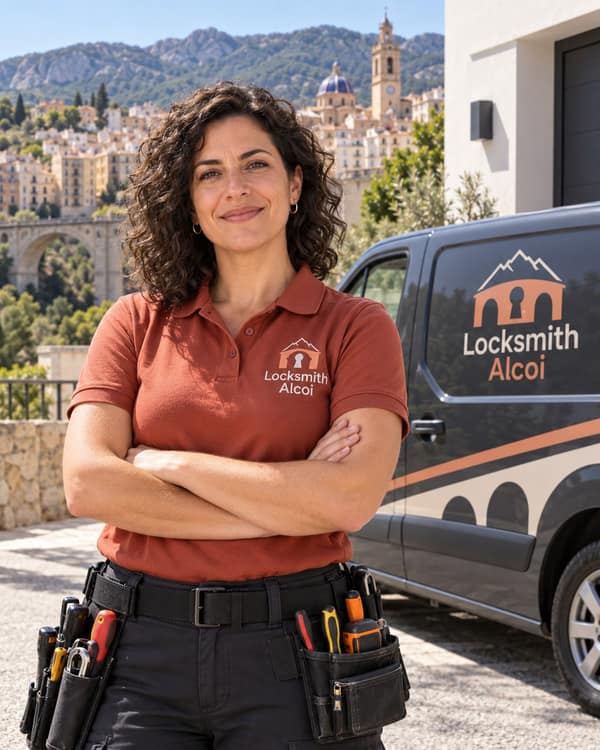 A locksmith in a brick-red polo and a tool belt stands with folded arms beside a dark van, a hillside town and an arched bridge behind.