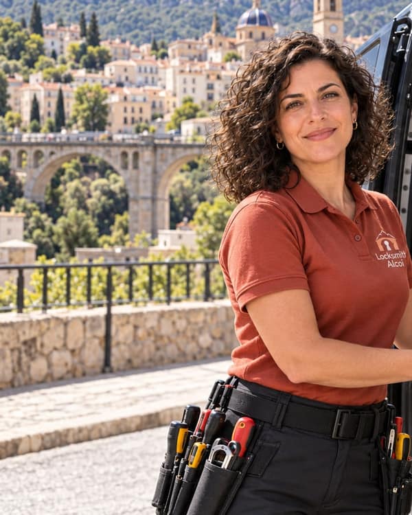 A smiling locksmith with a tool belt stands at the open side door of a van on a terrace, a stone arched bridge and a hillside of houses behind.
