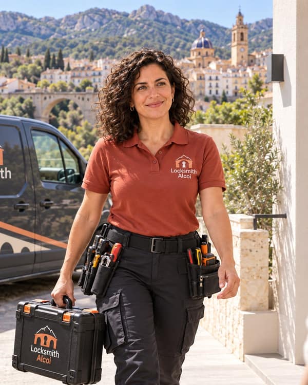 A locksmith in a brick-red polo walks up a garden path carrying a tool case, a van parked behind and a hillside town under rocky mountains in the distance.